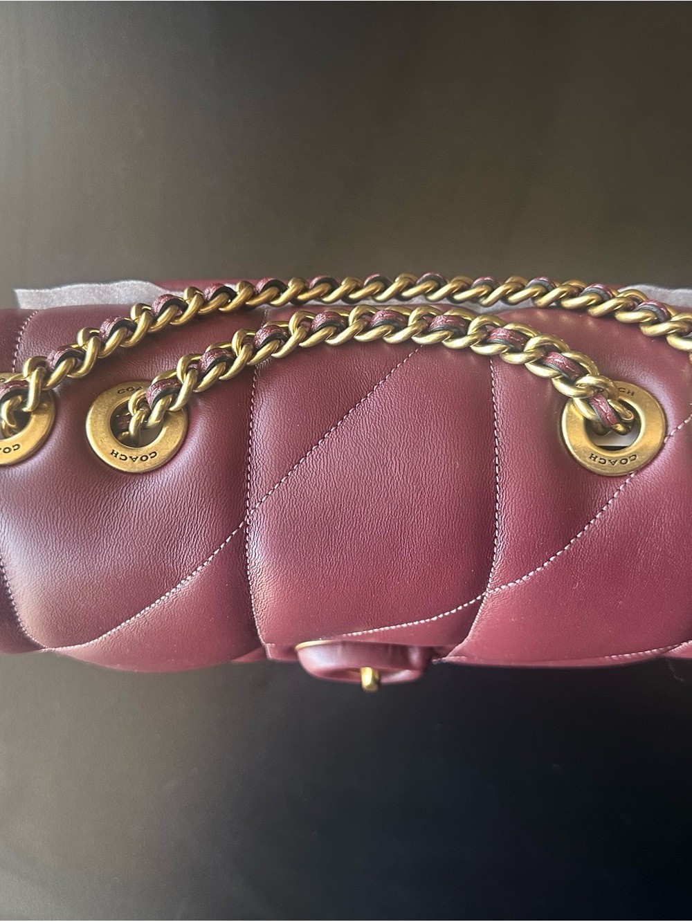 Coach quilted Madison Leather Shoulder Bag in Wine color. - Picture 6 of 12